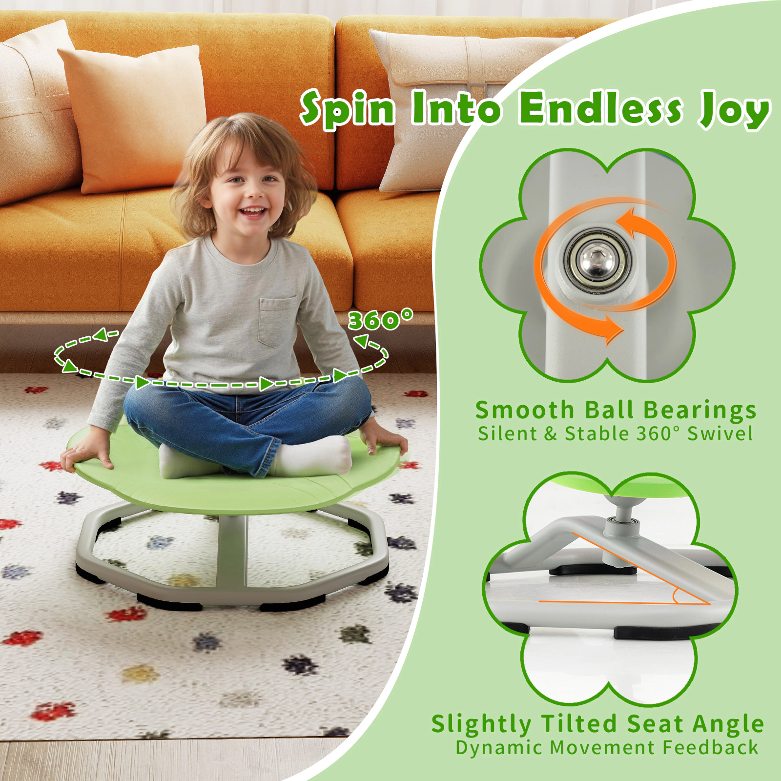 SUGIFT Kids Green Sensory Spinning Chair, 360-Degree Swivel, 220-lb Capacity