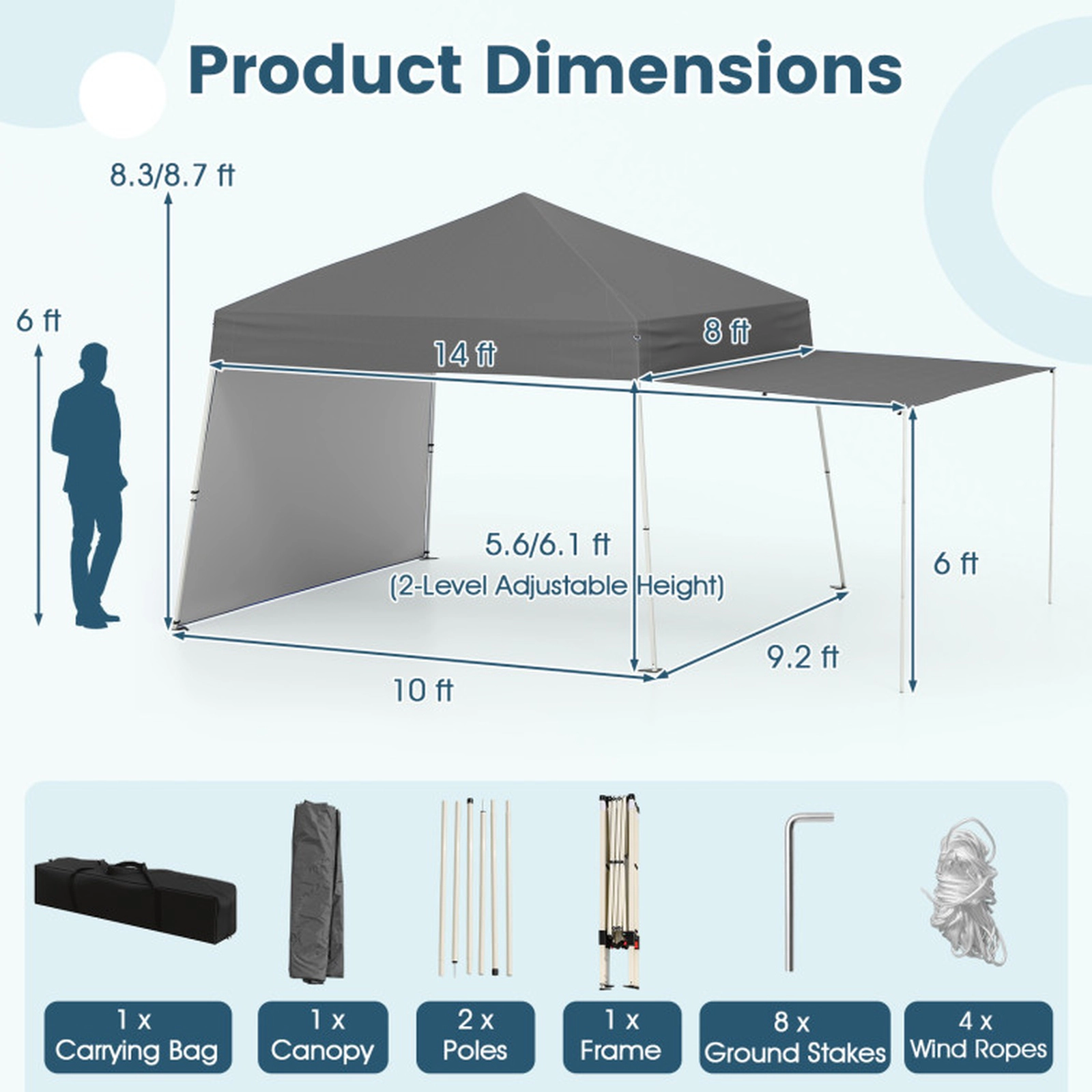 SUGIFT Gray Adjustable Pop Up Canopy Tent with 2 Convertible Sidewalls and Awning Poles 14-ft W 9.2-ft D 8.7-ft H