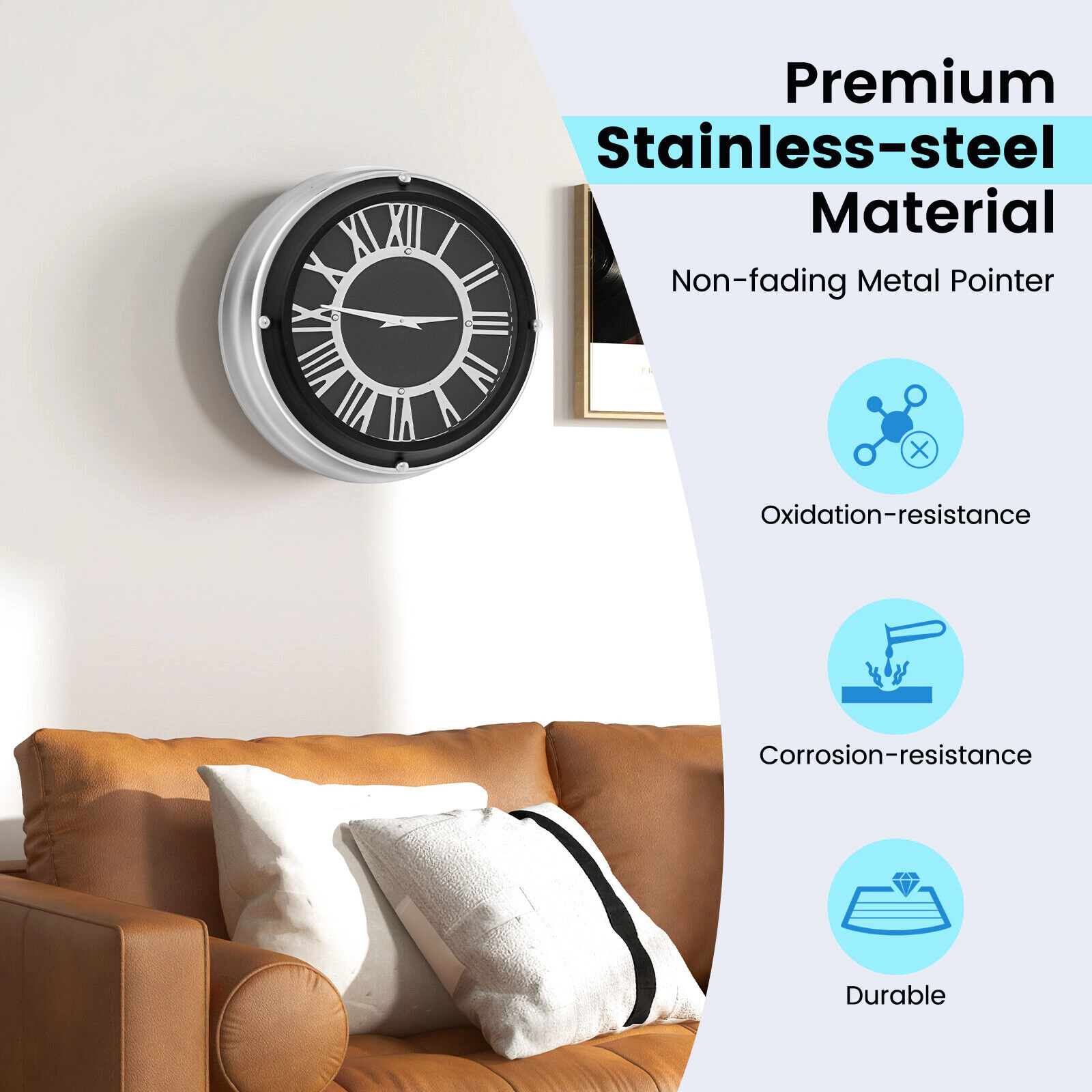 SUGIFT Silent Quartz Wall Clock with Silver Frame 17.5-in Face Stainless Steel Aluminum Glass 1-AA Battery Silver