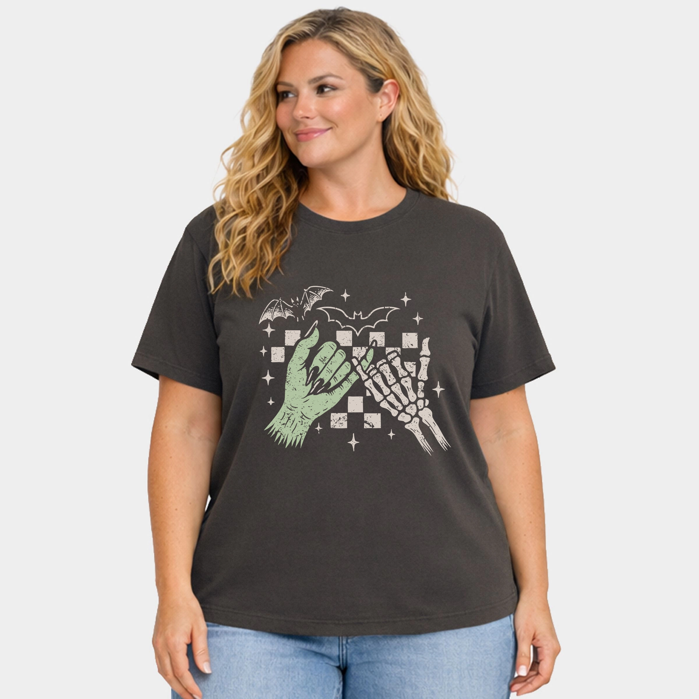 Simply Sage Market - Women's Plus Sized Garment Dyed Graphic T-Shirt Pinky Promise Skeleton
