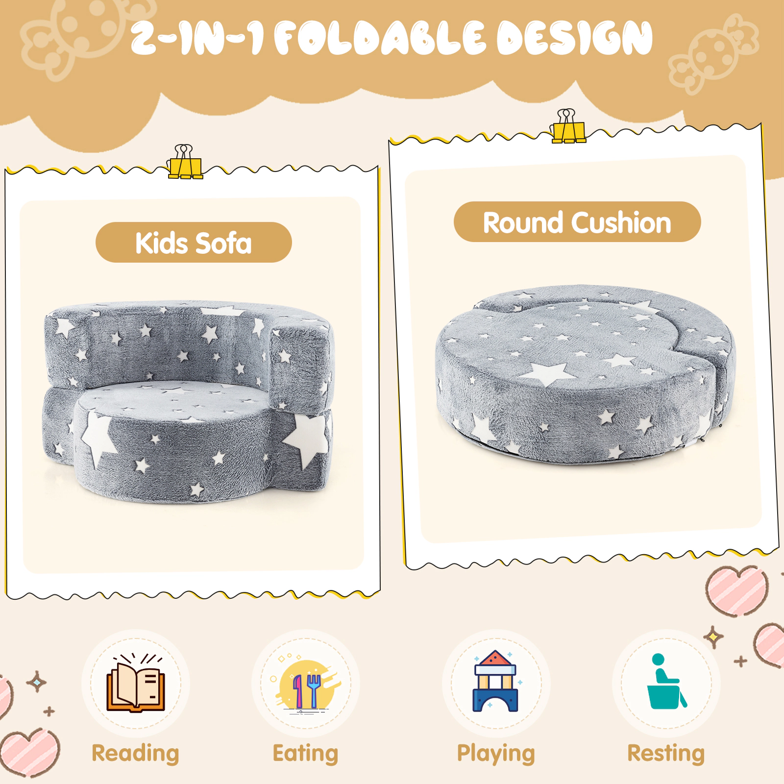 SUGIFT 2-in-1 Convertible Kids Sofa Gray Glow in the Dark with Washable Cover