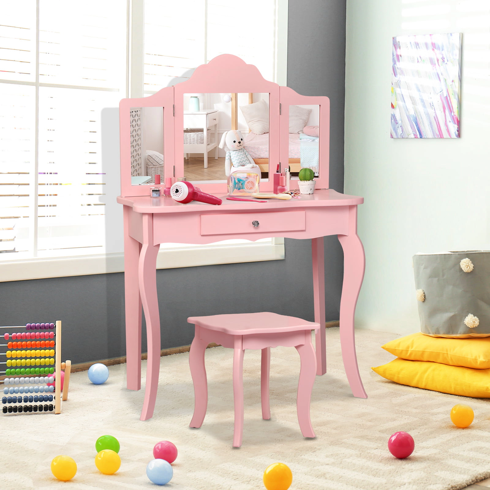 SUGIFT Toddler Vanity Table and Stool Set with Foldable Removable Mirror and Drawer