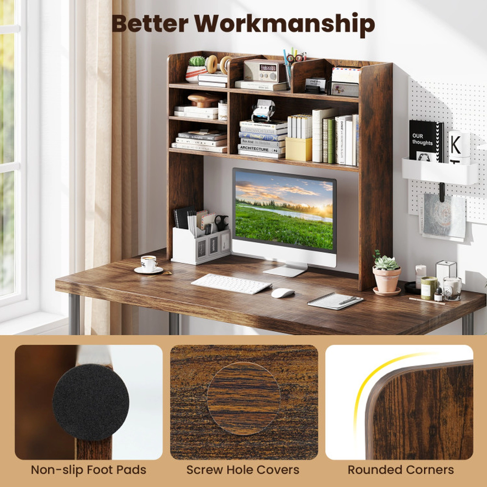 SUGIFT 6-Shelf Rustic Brown Desktop Bookshelf Countertop Hutch with 3-Position Adjustable Shelf for Monitor