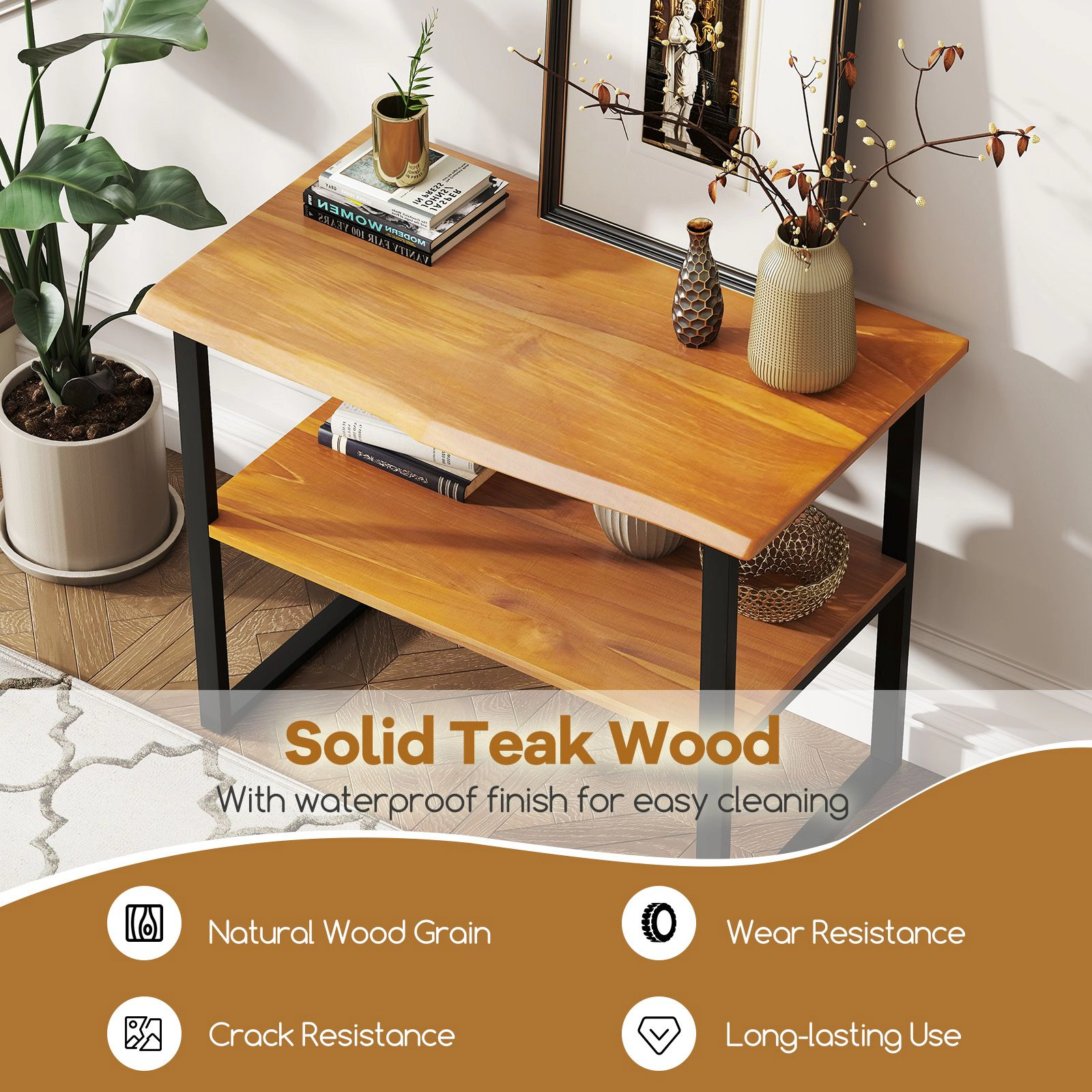 SlickBlue 2-Tier Teak Bathroom Storage Shelf with Open Shelves