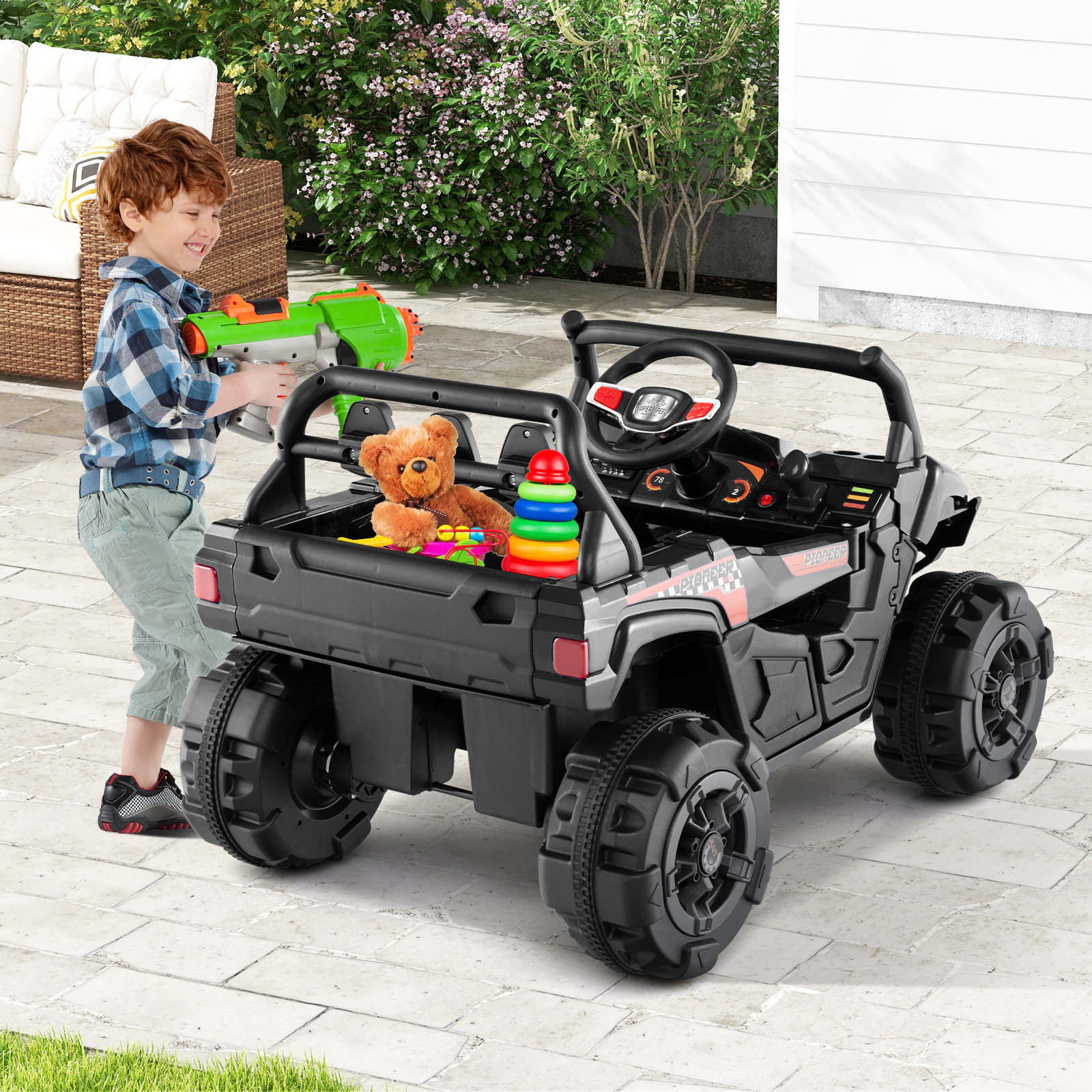 LJG Kids 12V Battery Powered Electric Vehicle with Remote Control and 3 Speeds