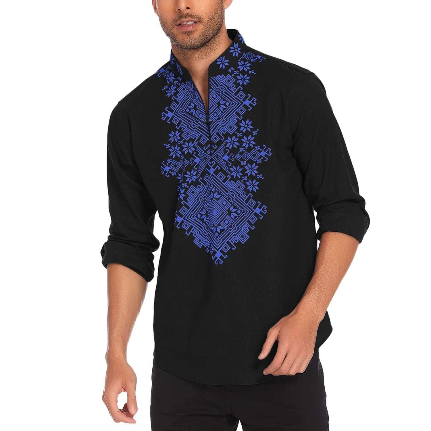 COOFANDY Mens Boho Long Sleeve Henley Shirt Stand V Neck Ethnic Print Casual Tops