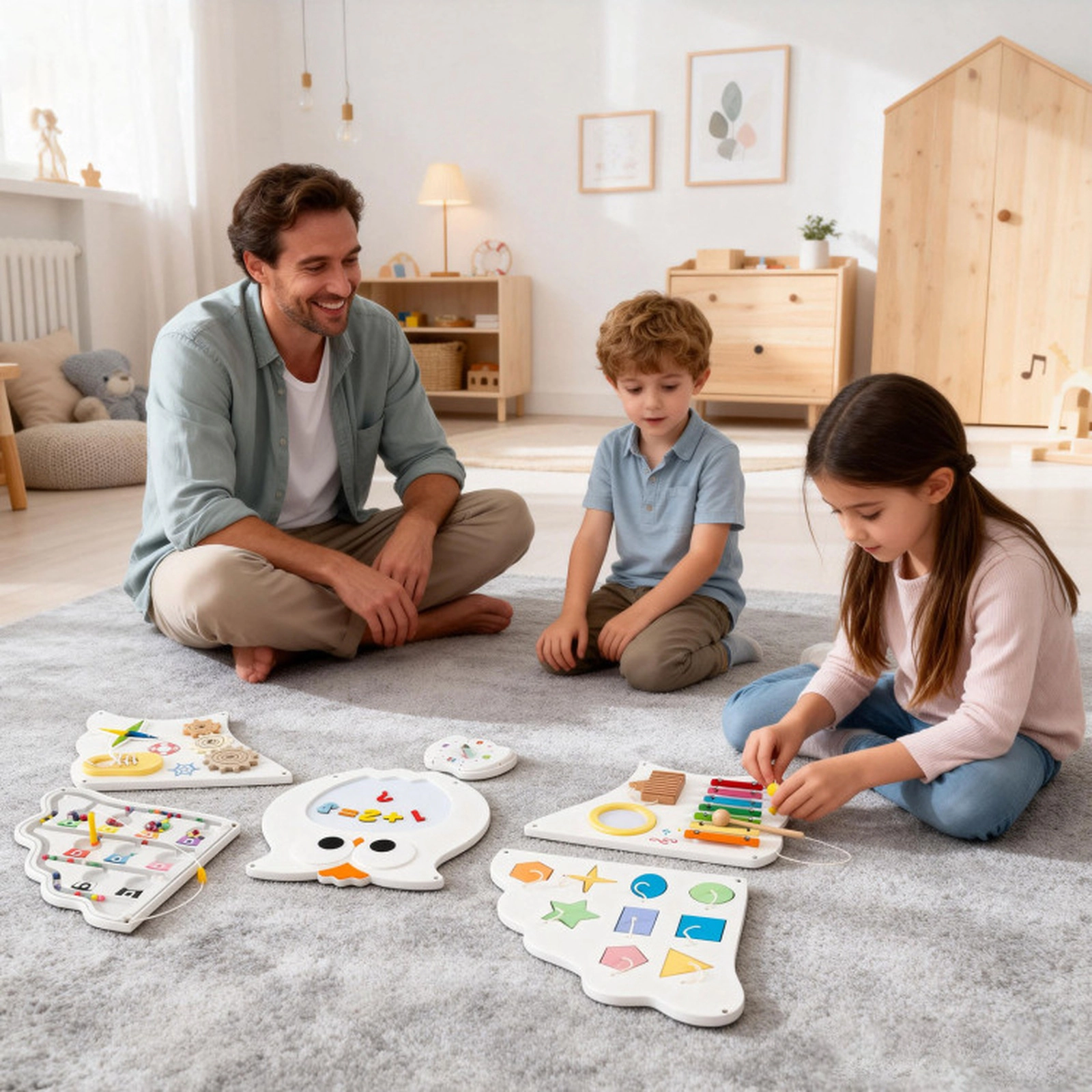SUGIFT 11-in-1 56-in Owl Montessori Busy Board Wall Panel Set with Magnetic Math Board and 6 Panels