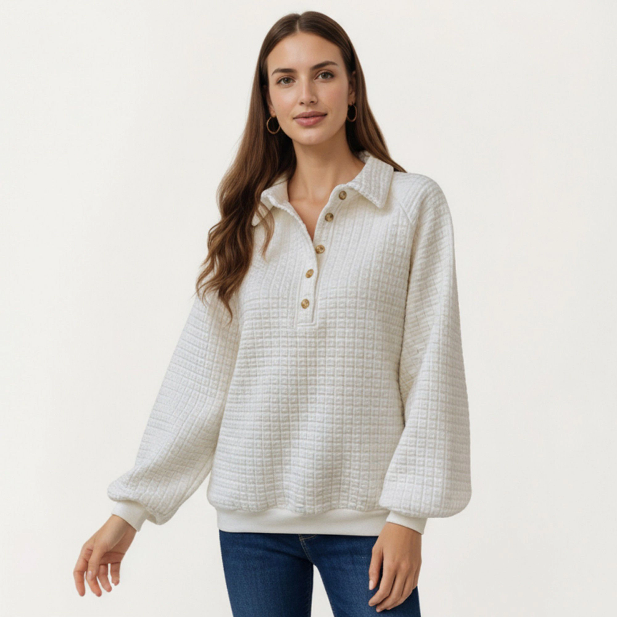 Anna-Kaci Women's Long Sleeve Button Front Textured Waffle Knit Pullover with Collar