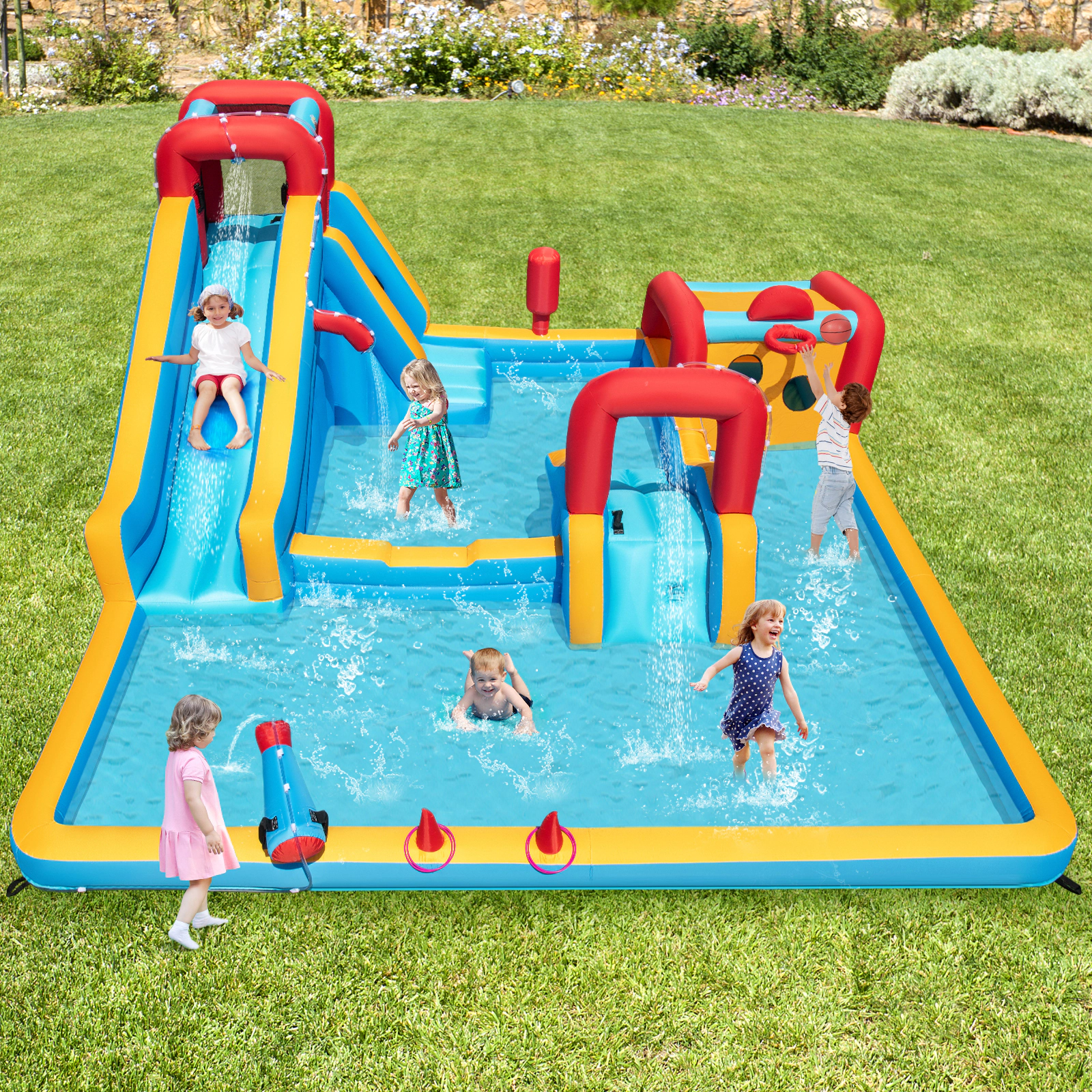 SUGIFT 680W Blower 9-in-1 Kids Inflatable Double Water Slide Park Giant Bounce House