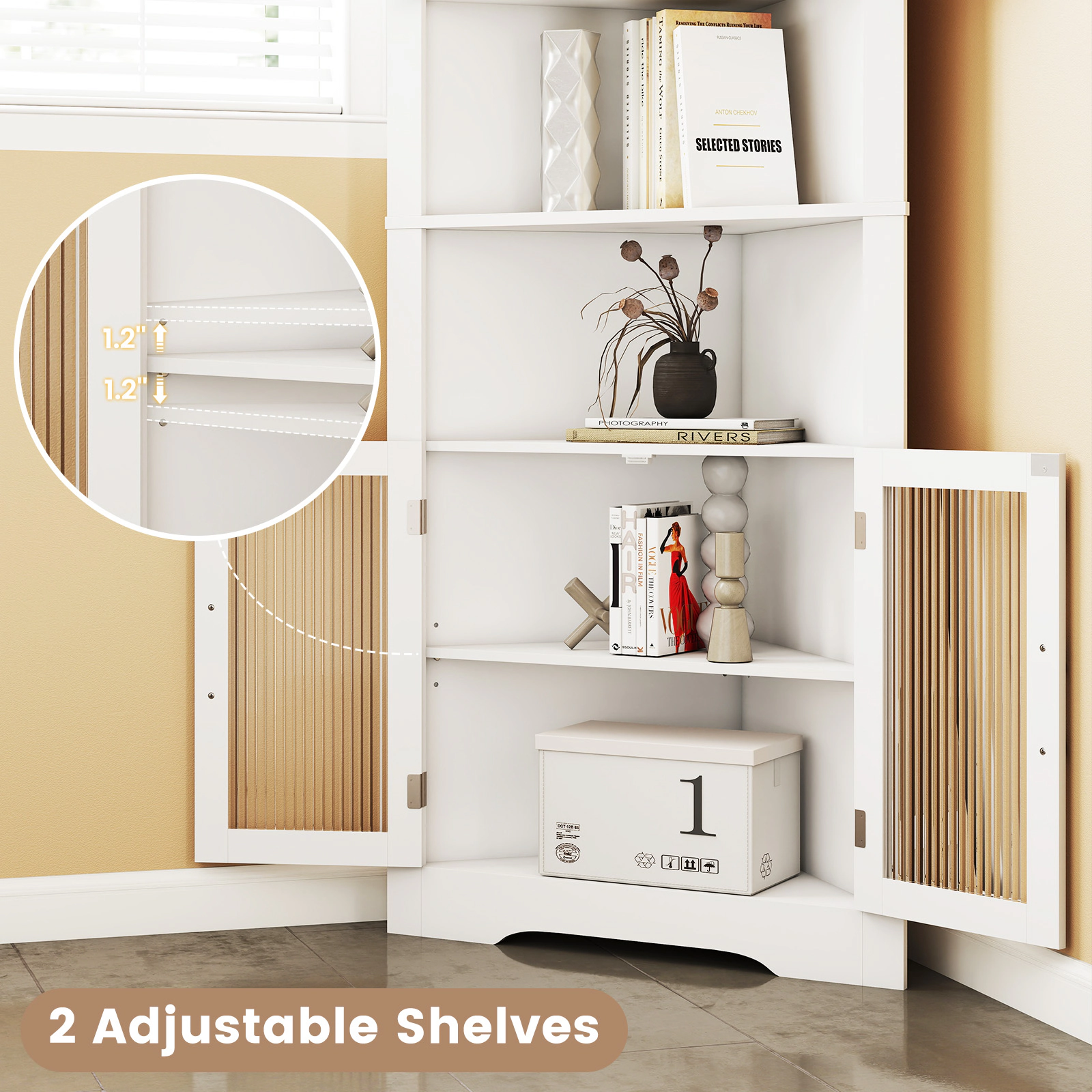Glintex 67-Inch Corner Cabinet with Tempered Glass Doors and 2 Open Shelves, White