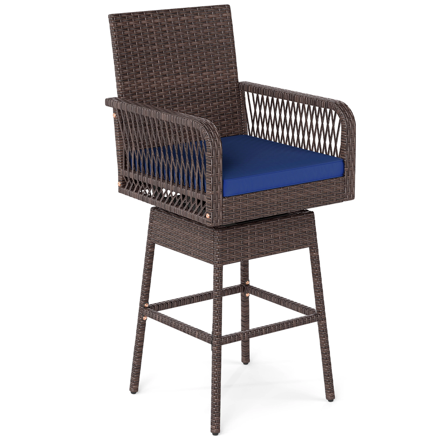 LJG 29" Bar Height Patio 360° Swivel Bar Stool with Cross-Woven Armrests Footrest and Seat Cushion