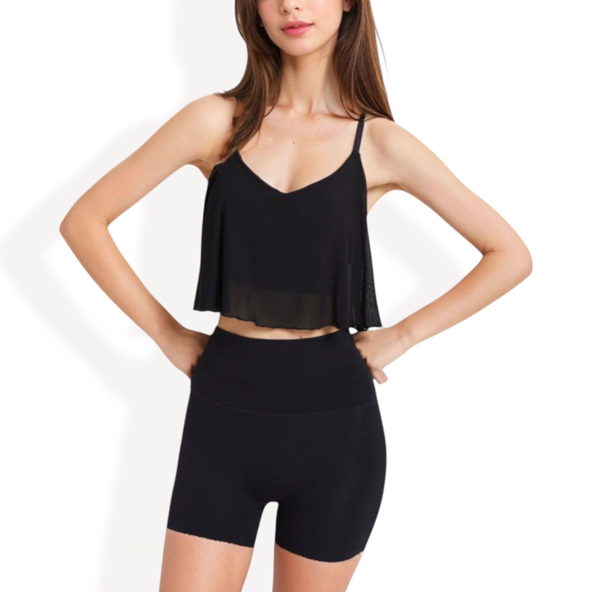 Anna-Kaci Women's Spaghetti Strap Layered Crop Top with Sheer Overlay for Workout Wear