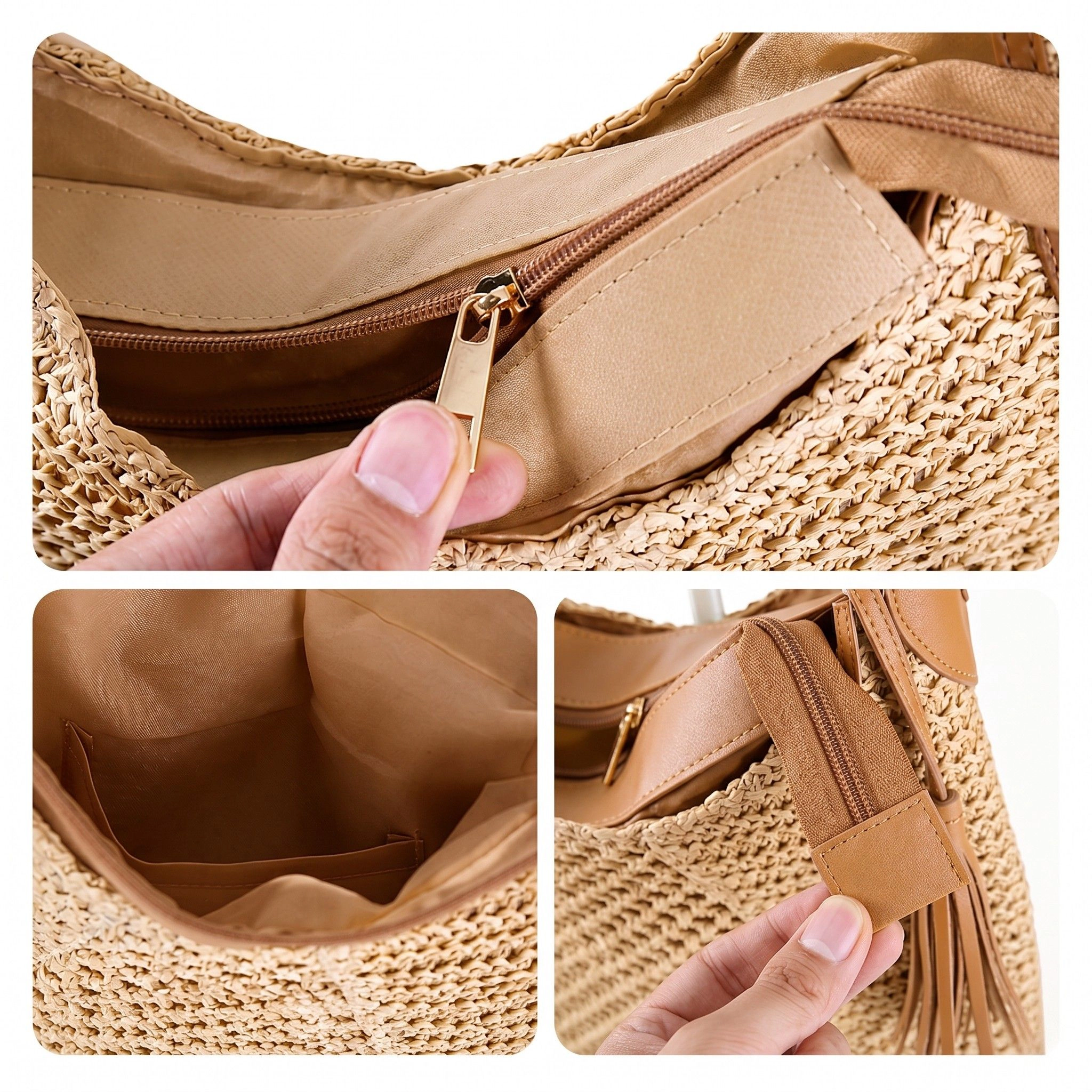 Alilang Women's Woven Paper Fiber Shoulder Tote Bag Large Capacity Crochet Handbag with Tassel Accent, Soft Ivory