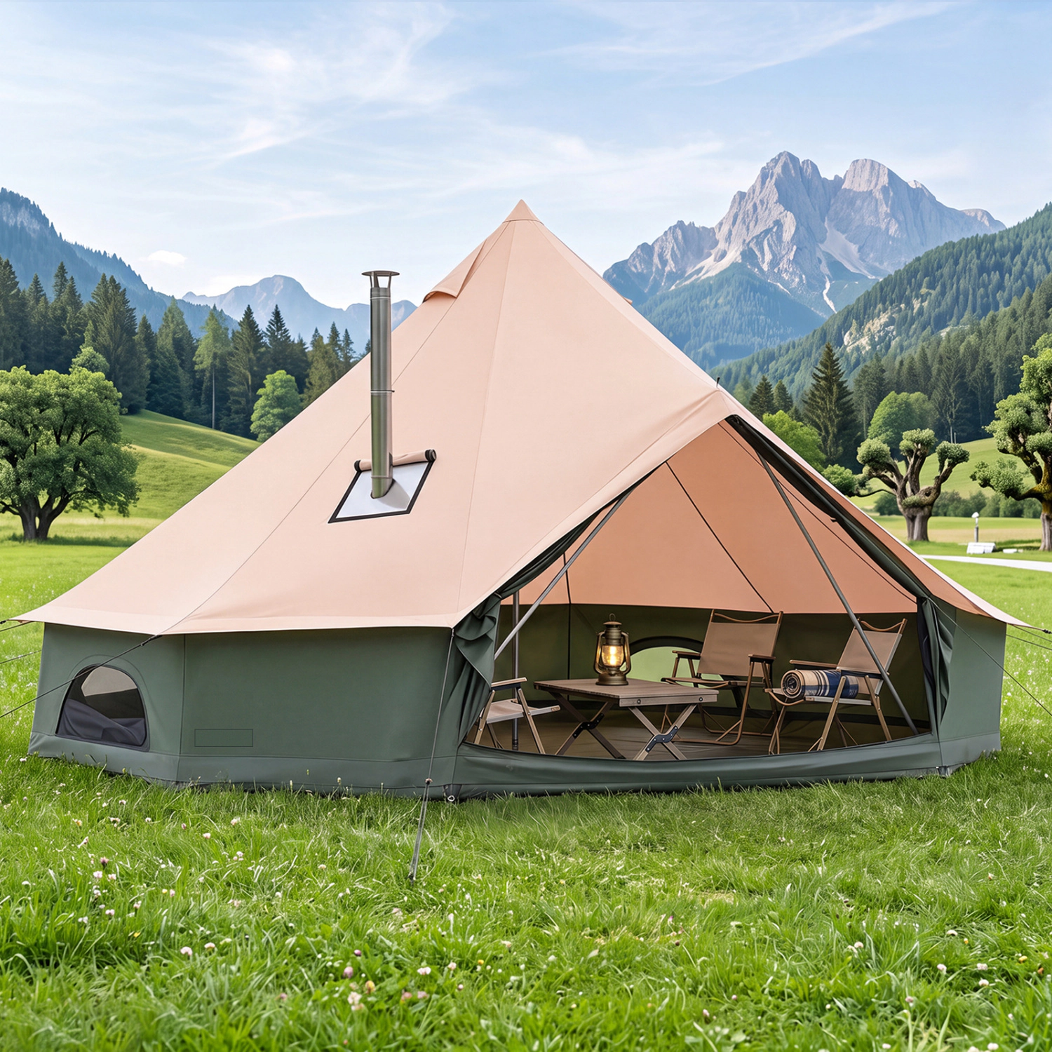LJG Waterproof Bell Tent with Stove Jack Accommodates and Mesh Windows Doors in Green