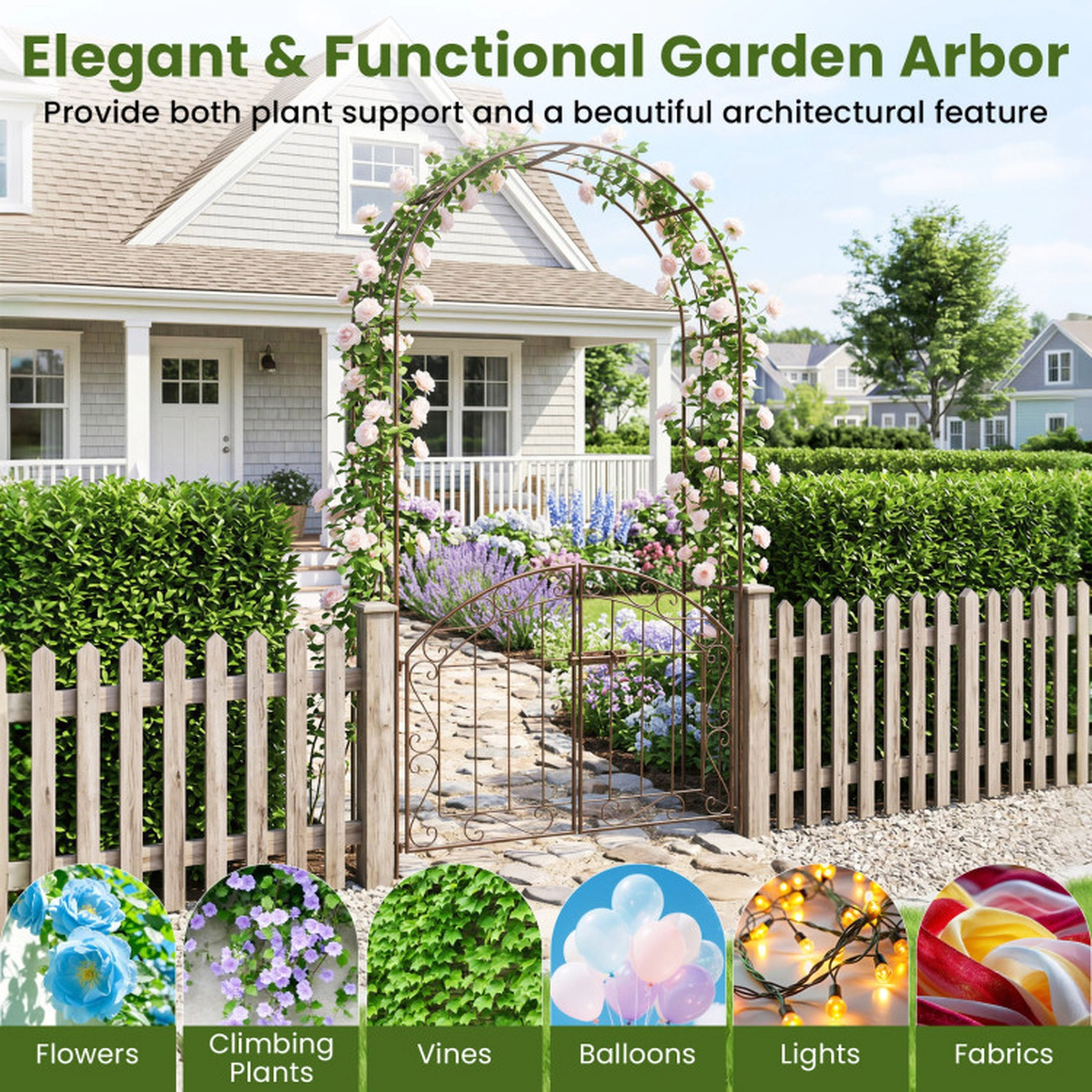 SUGIFT 79-in Bronze Heavy-Duty Metal Garden Arch with Lockable Gate Safety Latch and 4 Ground Stakes