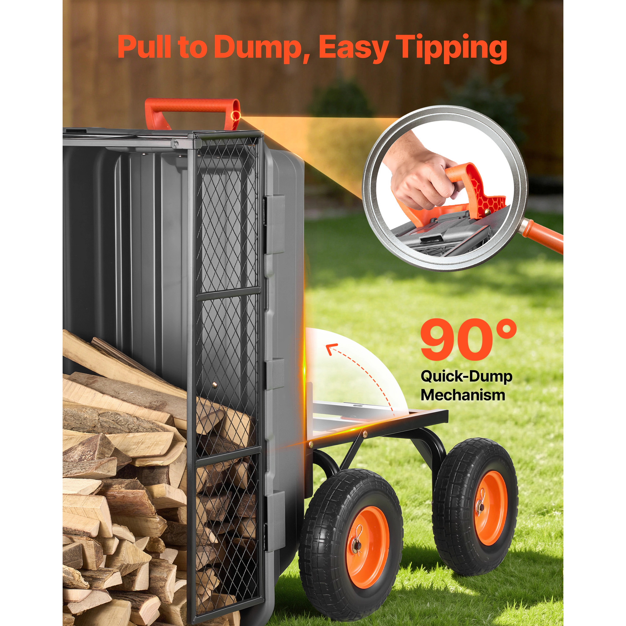 HONGGE Garden Dump Cart Poly Dump Cart Garden Carts Dumps Wagon with 90° Quick-Dumps Mechanism 180° Swivel Wheels 270°