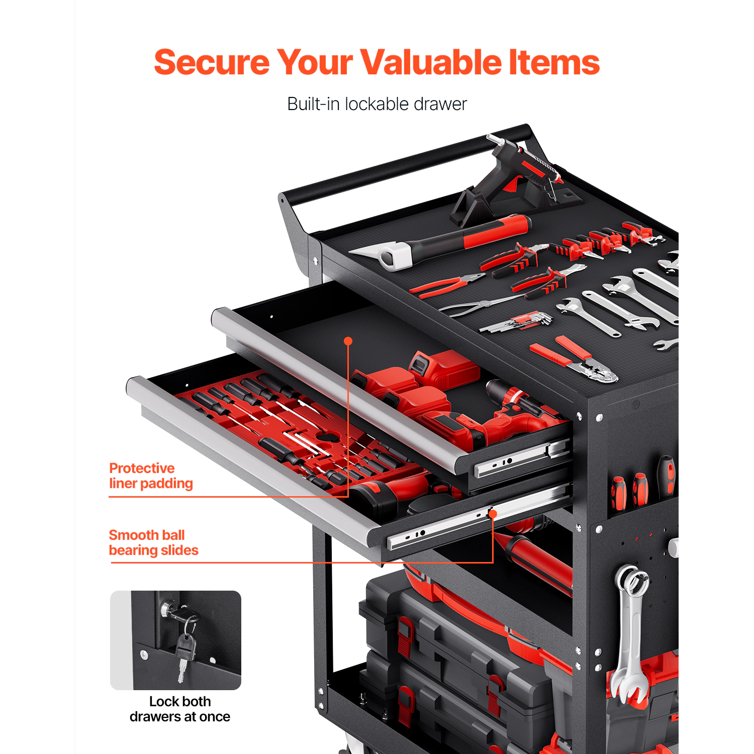 HONGGE Rolling Tool Cart with Wheels, Pegboard, Mechanic Storage Organizer with Locking System for Garage, Warehouse
