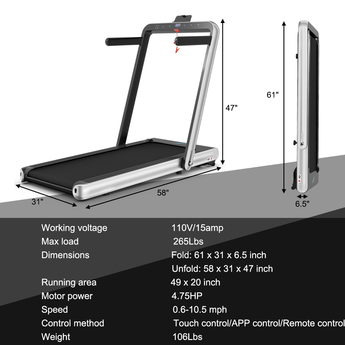 SUGIFT Silver 4.75-HP 2-in-1 Folding Treadmill with LED Touch Screen 58-in W 31-in D 265-lb User Capacity