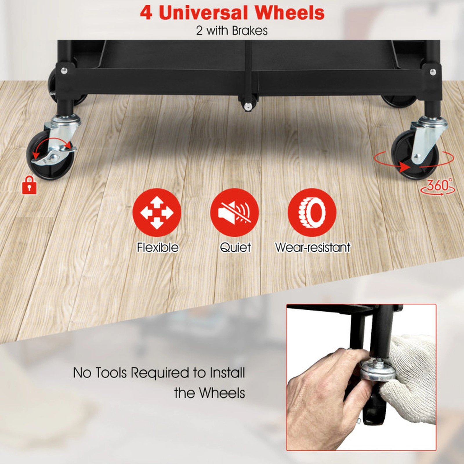 SUGIFT 3-Tier Folding Metal Frame Lockable Wheels Rolling Service Cart 24-in x 16-in x 38.5-in 33-lb per Shelf Black