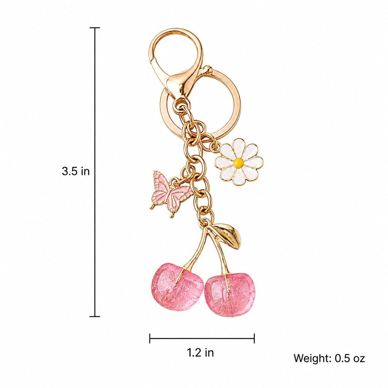 Alilang Women's Cherry Bag Charm Keychain with Daisy and Butterfly Accents Gold-Tone Clip, Pink