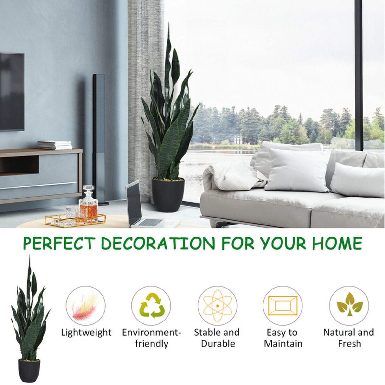 SUGIFT 35.5-in Indoor Outdoor Artificial Snake Plant Faux Sansevieria with 20 Slender Leaves in Cement Pot