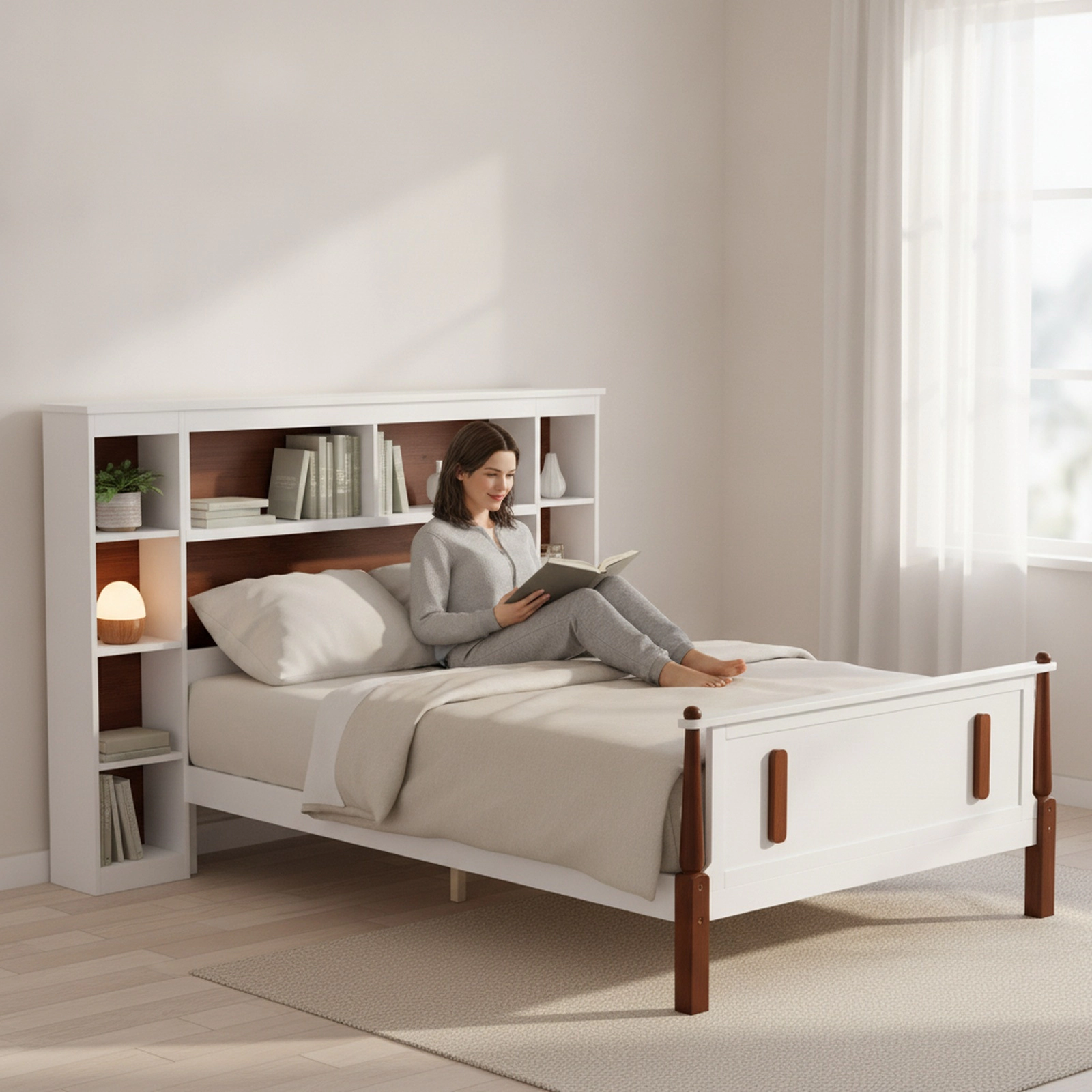 SUGIFT Twin Platform Bed with Bookcase Headboard, 2 Cabinets, 5 Shelves, White