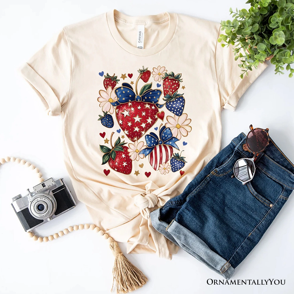 OrnamentallyYou Womens Patriotic Boho Strawberries Bouquet 4th Of July T-Shirt