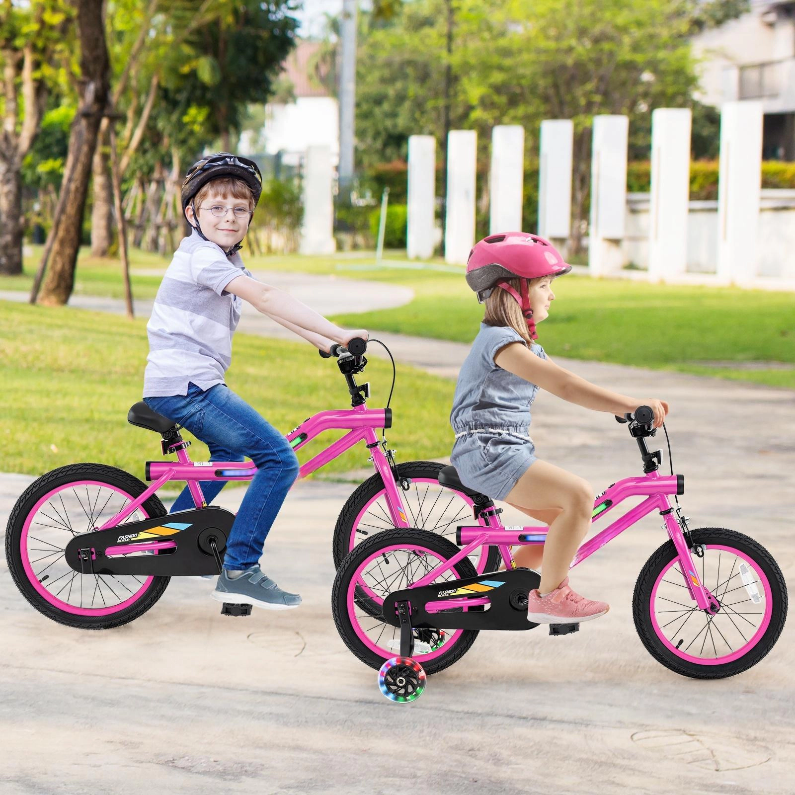 SUGIFT LED Lighted Kids Bicycle with Training Wheels & Headlight 145-lb Capacity Ages 4-8 Pink 18-in Wheels 52.5-in Long