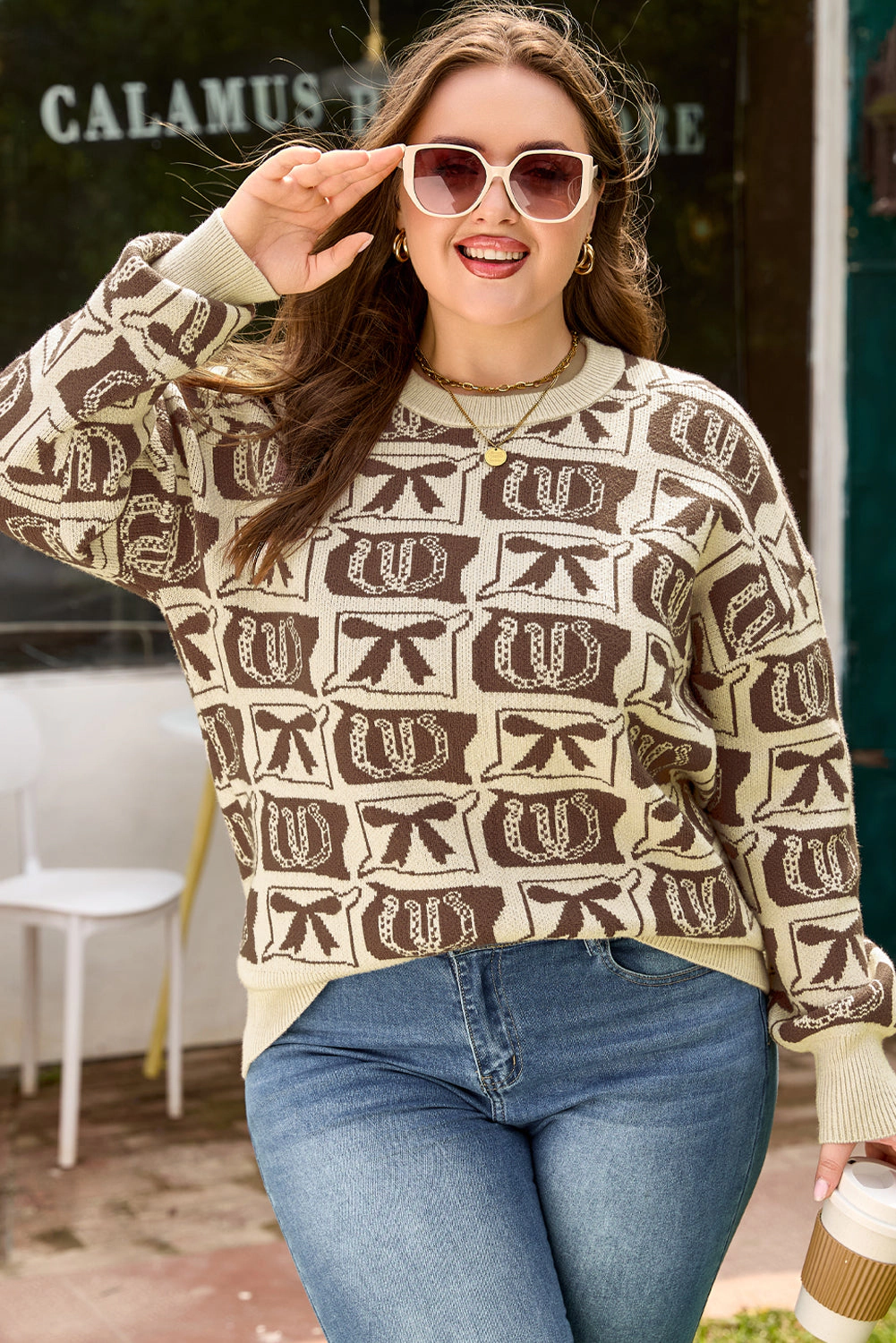 Threaded Pear Women's Magnolia Horseshoe Print Checkered PLUS Sweater