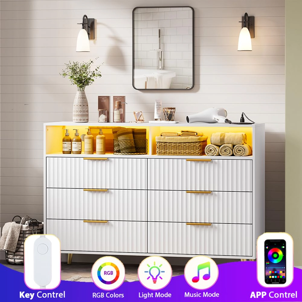 Drawer Fluted Dresser with Charging Station and RGB LED Lights