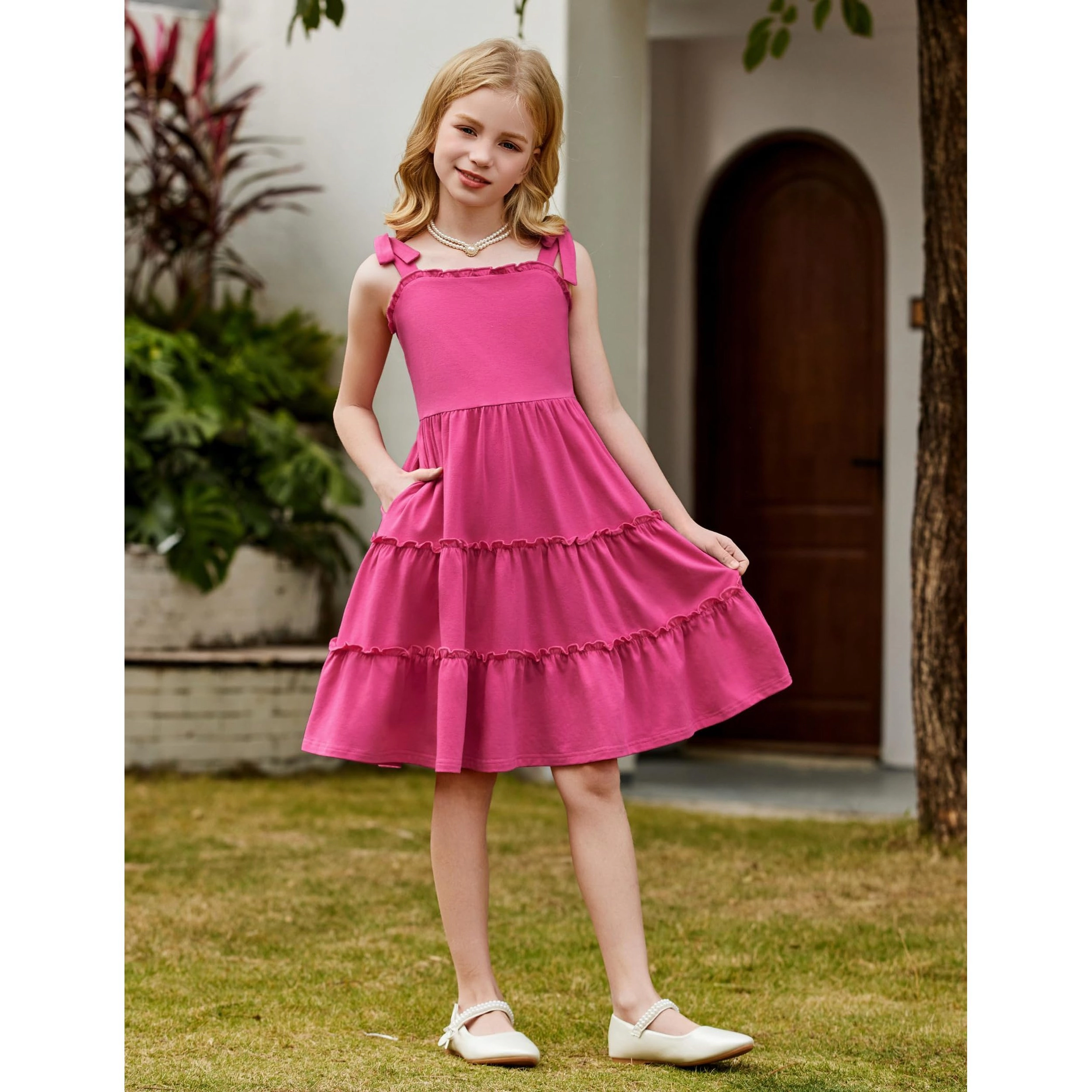 Arshiner Girls Summer Dress Boho Casual Sundress Strapless Tiered Swing Midi Dresses
