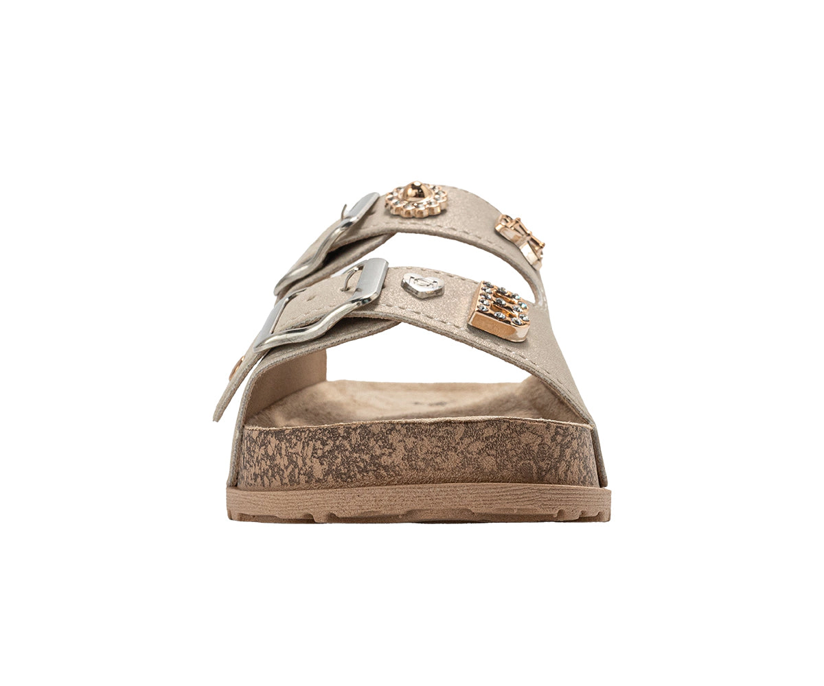 bebe Girl's Footbed Slide Sandals with Buckle Straps and Charm Accents