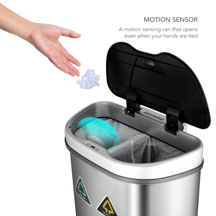 Ninestars Classic Dual-Compartment 18.5-Gallon Stainless Steel Motion Sensor Trash Can
