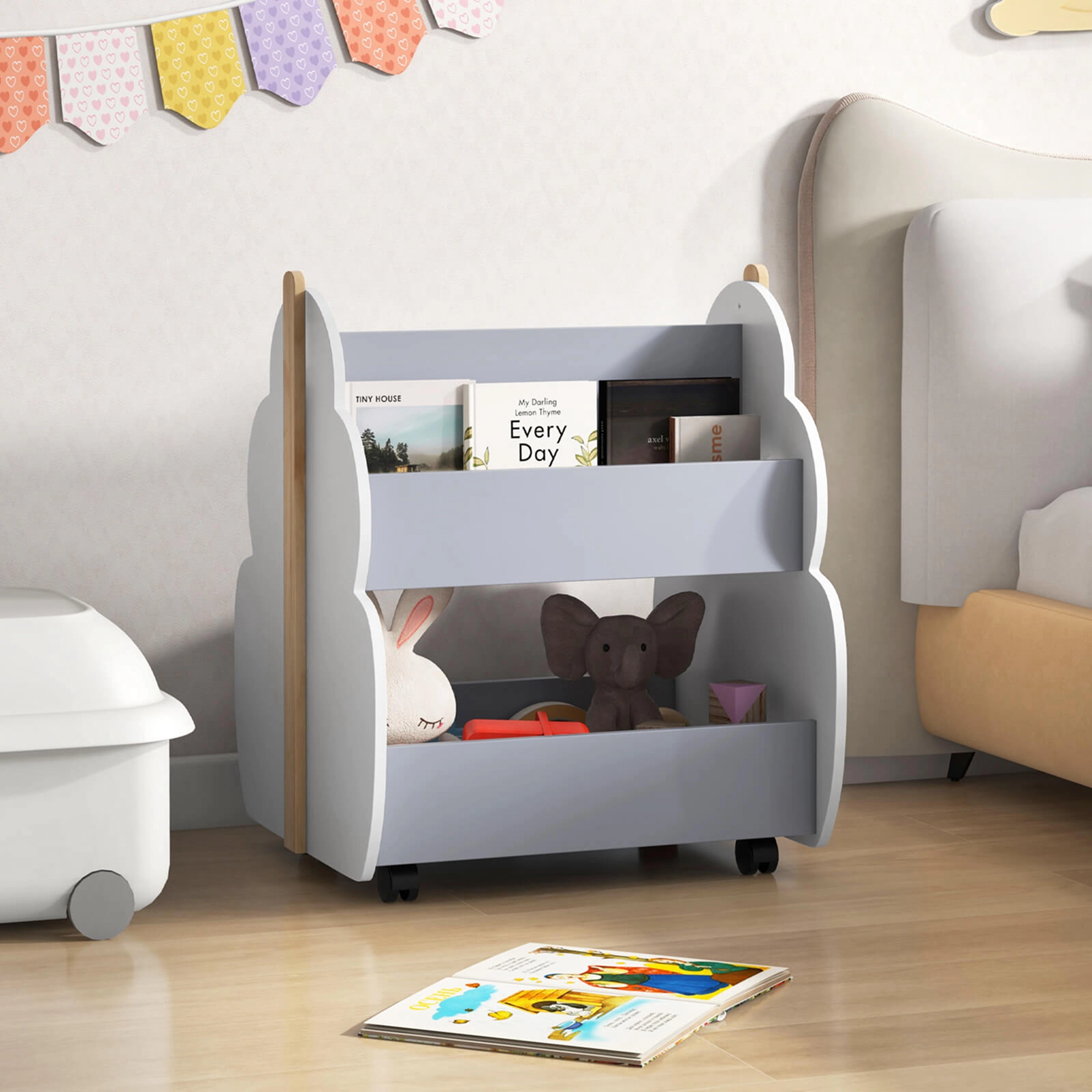 Costway Kids Wooden Bookshelf with Wheels 2-Tier Toy Storage Shelf Double-sided Bookcase Grey