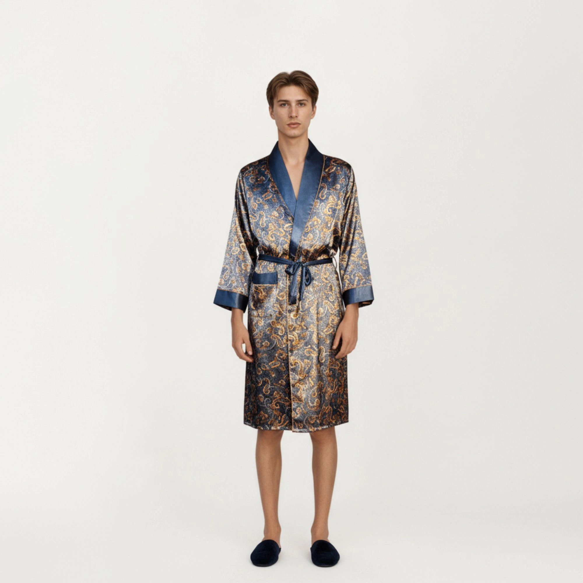 Anna-Kaci Men's Paisley Print Satin Robe with Contrast Shawl Collar and Waist Tie Belt