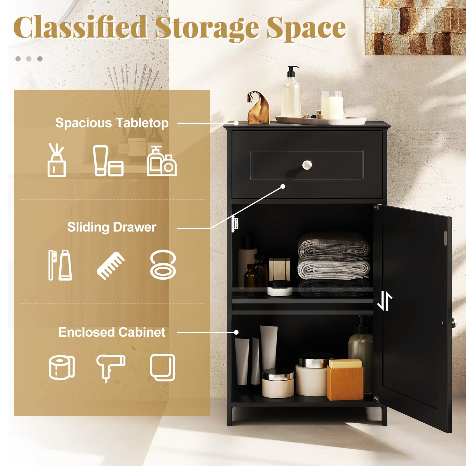 Glintex Single-Door Bathroom Cabinet with Adjustable Shelf Drawer and 66-Lb Top