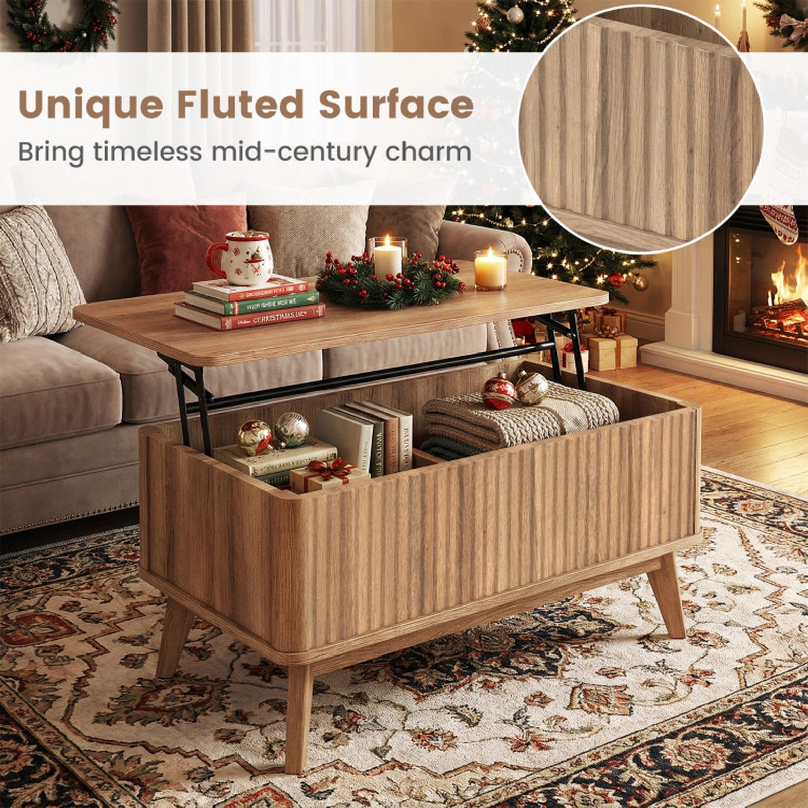 SUGIFT Fluted Lift Top 2 Hidden Compartments Rubber Wood Coffee Table 35.5-in x 20-in x 16.5-in 220-lb Capacity Walnut