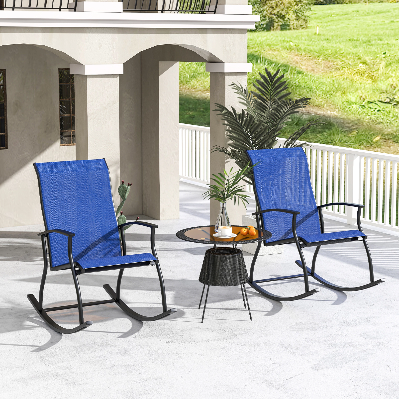 SUGIFT Set of 2 Outdoor Rocking Chairs Navy with Breathable Fabric Backrest
