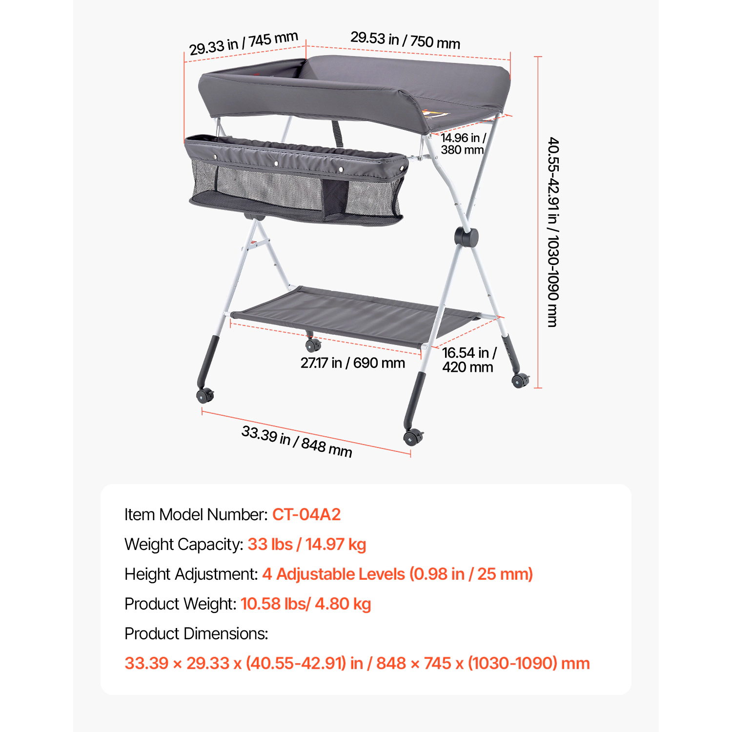 HONGGE Foldable Baby Changing Table with Side Basket, Adjustable Height, Lockable Wheels