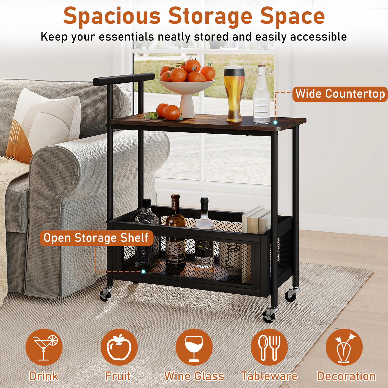 Glintex 2-Tier Rolling End Table with Push Handle and Guardrailed Bottom Shelf, Rustic Brown