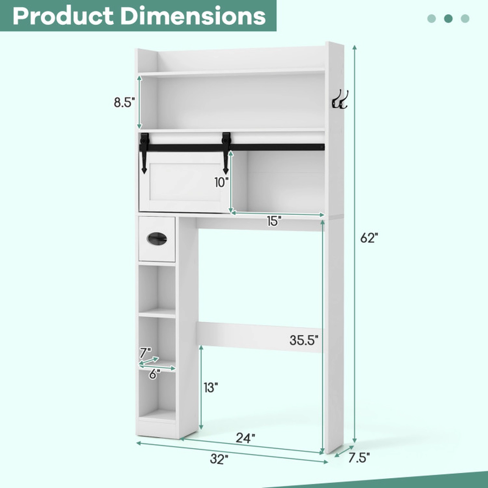 SUGIFT Sliding Barn Door 3-Tier Shelves Over The Toilet Storage Cabinet 32-in x 7.5-in x 62-in 200-lb Capacity White