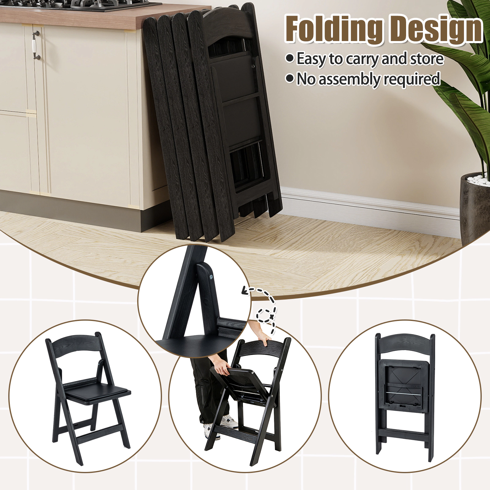 SUGIFT Portable Resin Folding Dining Chairs 1100-Lb Capacity with Padded Seat 18-in Seat Height Black 4-Pack