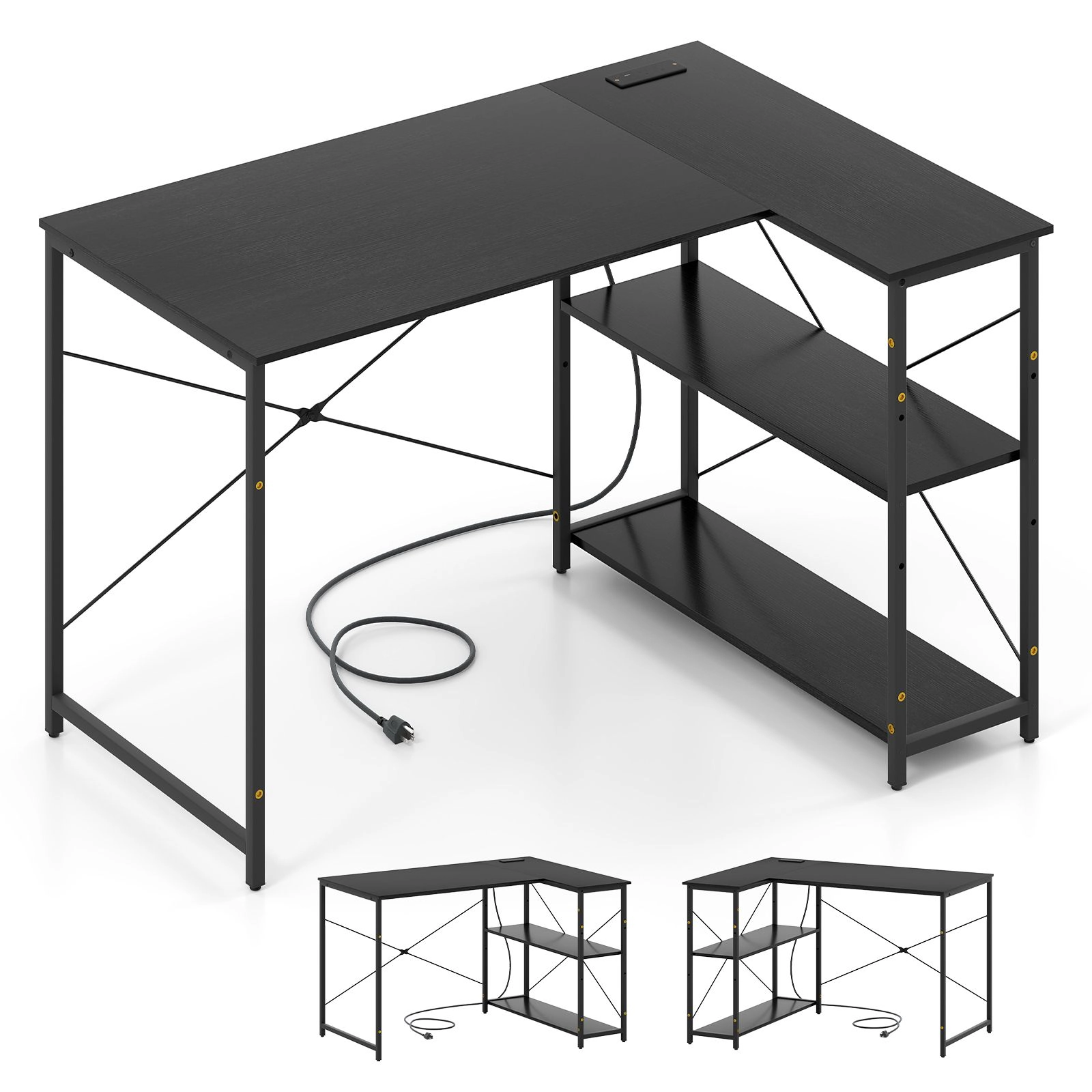 SlickBlue L Shaped Computer Desk with Power Outlet Storage Shelves