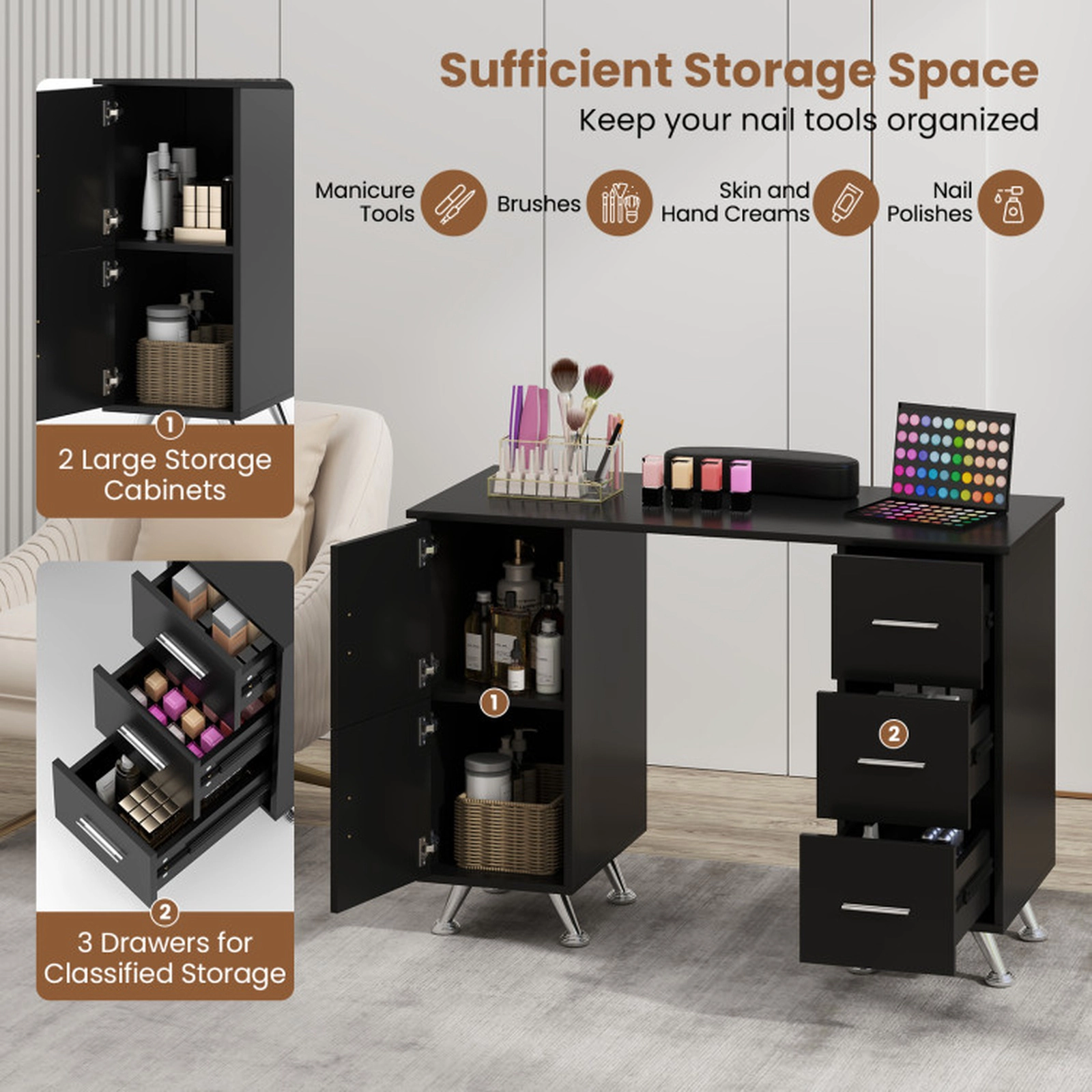 SUGIFT 3 Drawers 2 Cabinets Acetone Resistant Wrist Rest Manicure Nail Desk 43-in x 18-in x 30-in 88-lb Capacity Black