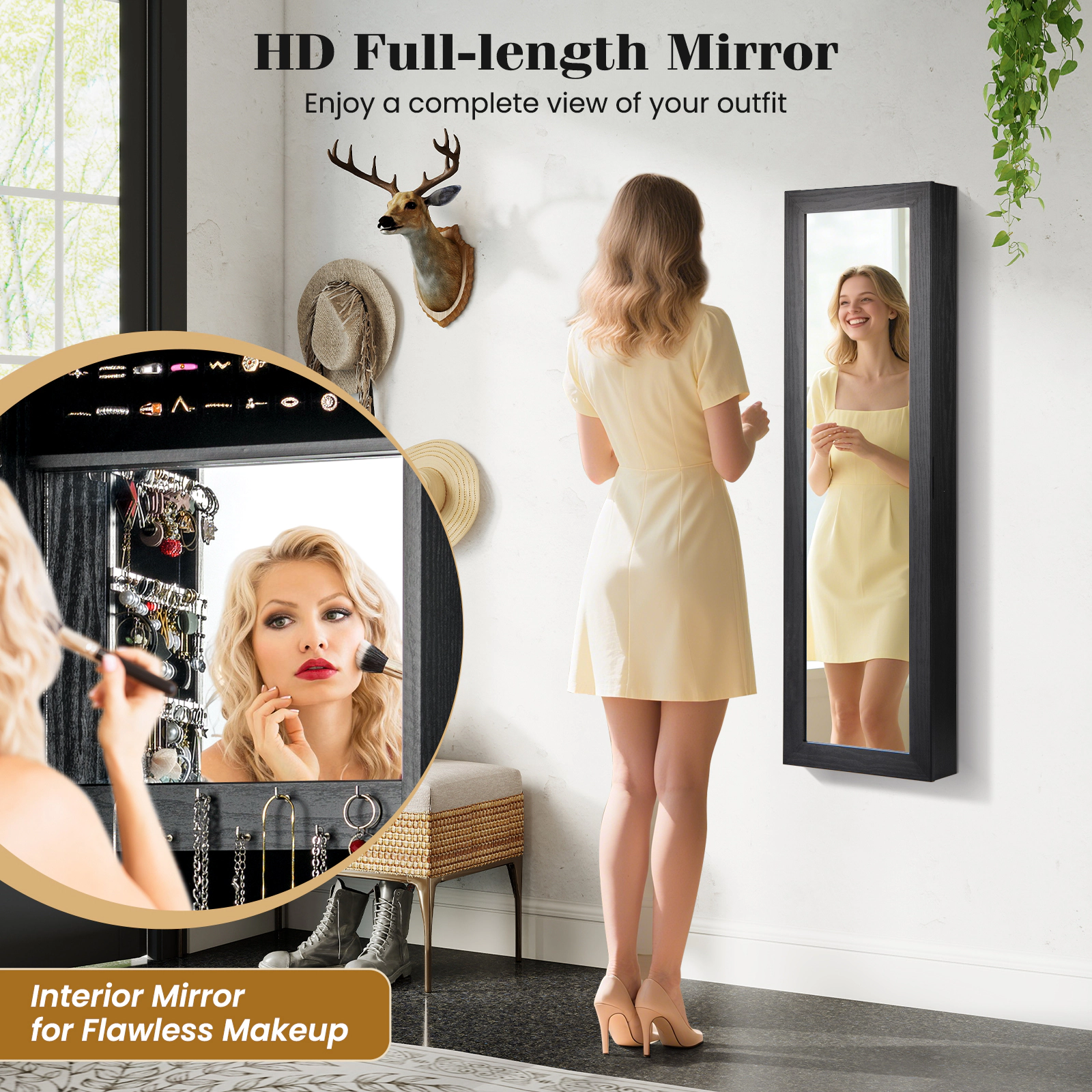 SUGIFT Black Wall Mounted Jewelry Cabinet with Full-Length Mirror Over the Door Organizer and Ring Slots