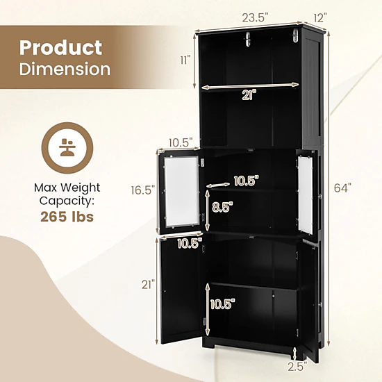 SUGIFT 6-Tier Bathroom Cabinet with Open Compartments and Adjustable Shelves 44-lb Panels 33-lb Shelves White/Gray