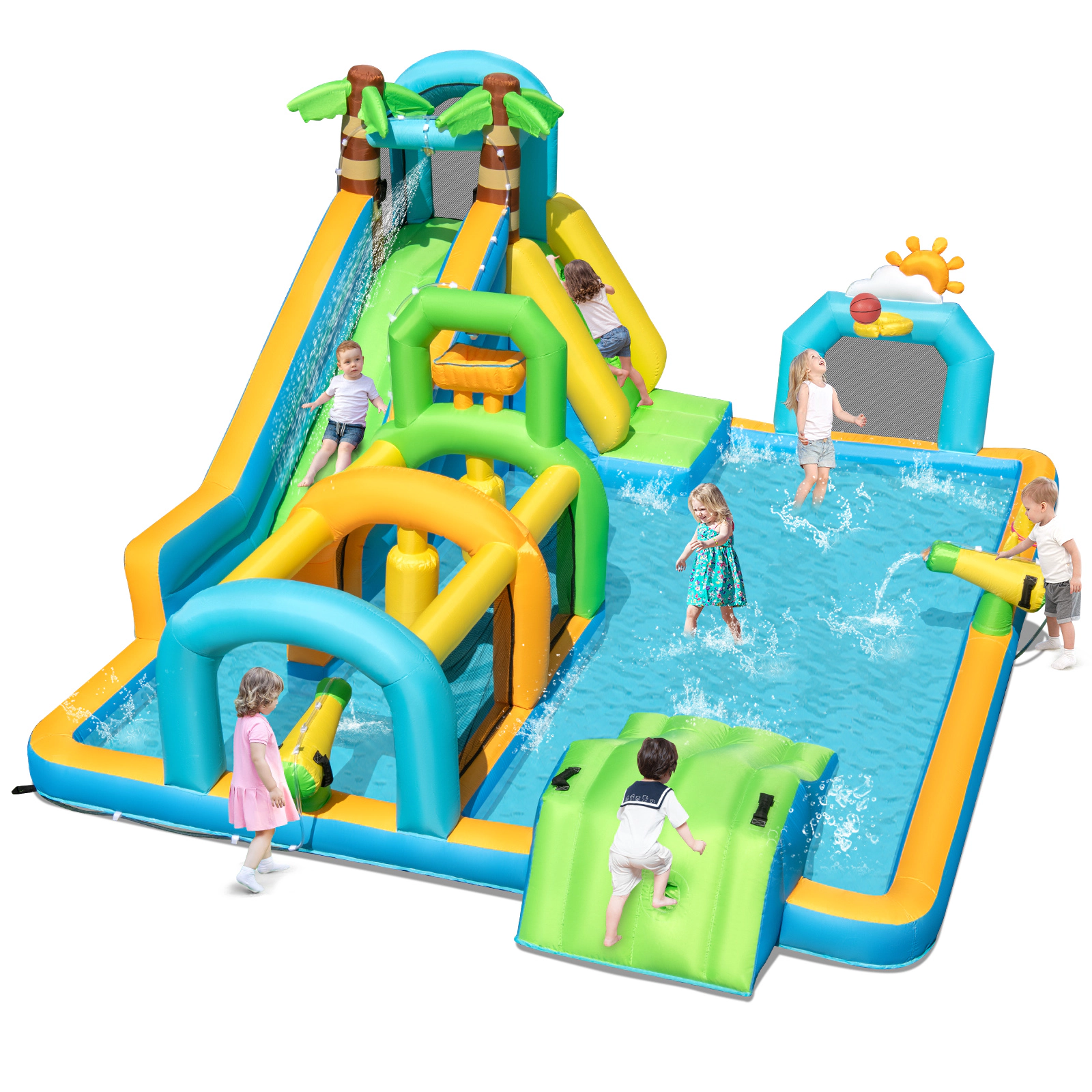 SUGIFT Tropical Inflatable Water Slide Aqua Park with Dual Slides Obstacle Tunnel and Splash Pool