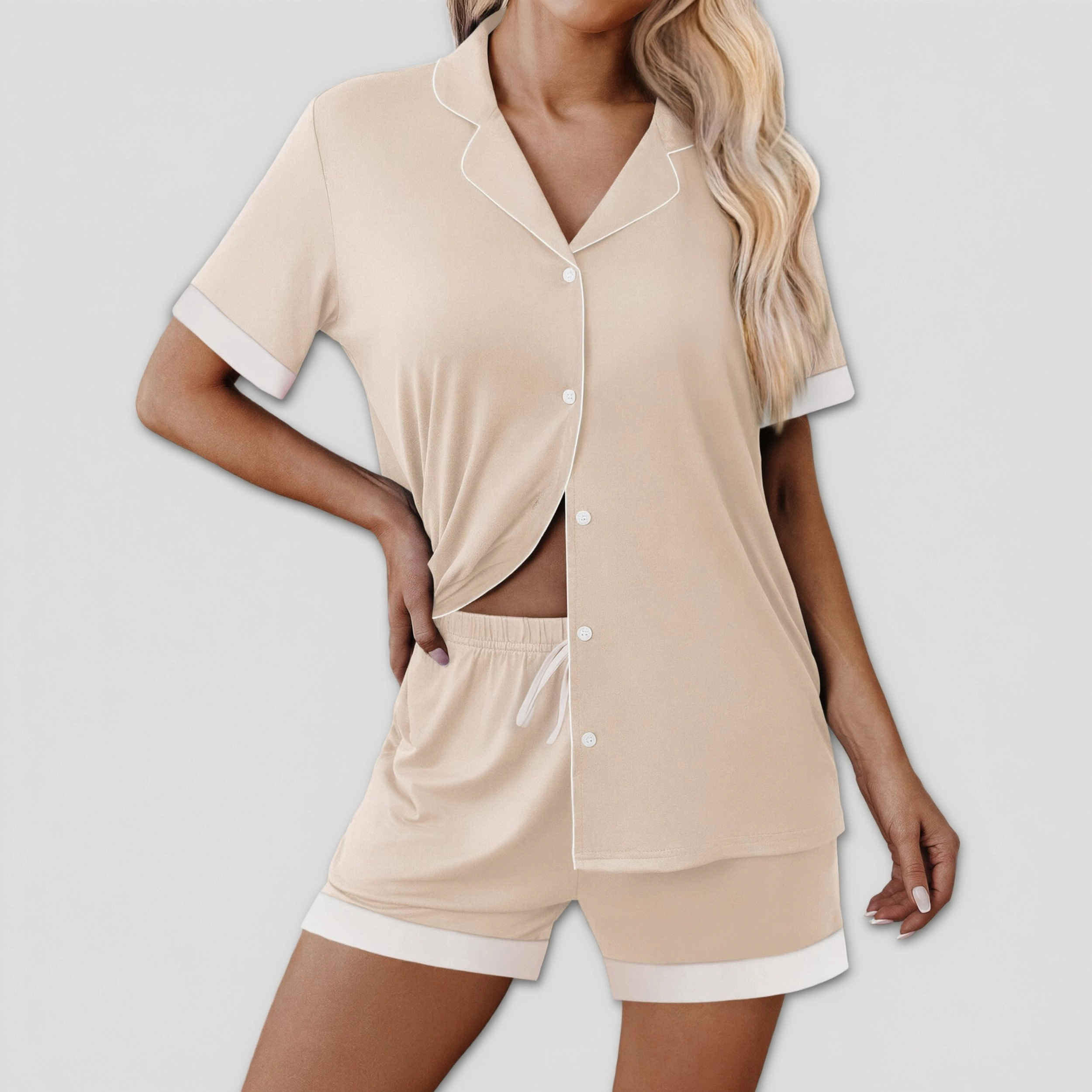 Ekouaer Womens Button Down Pajamas Set Color Block Short Sleeve Sleepwear Summer Soft 2 Piece