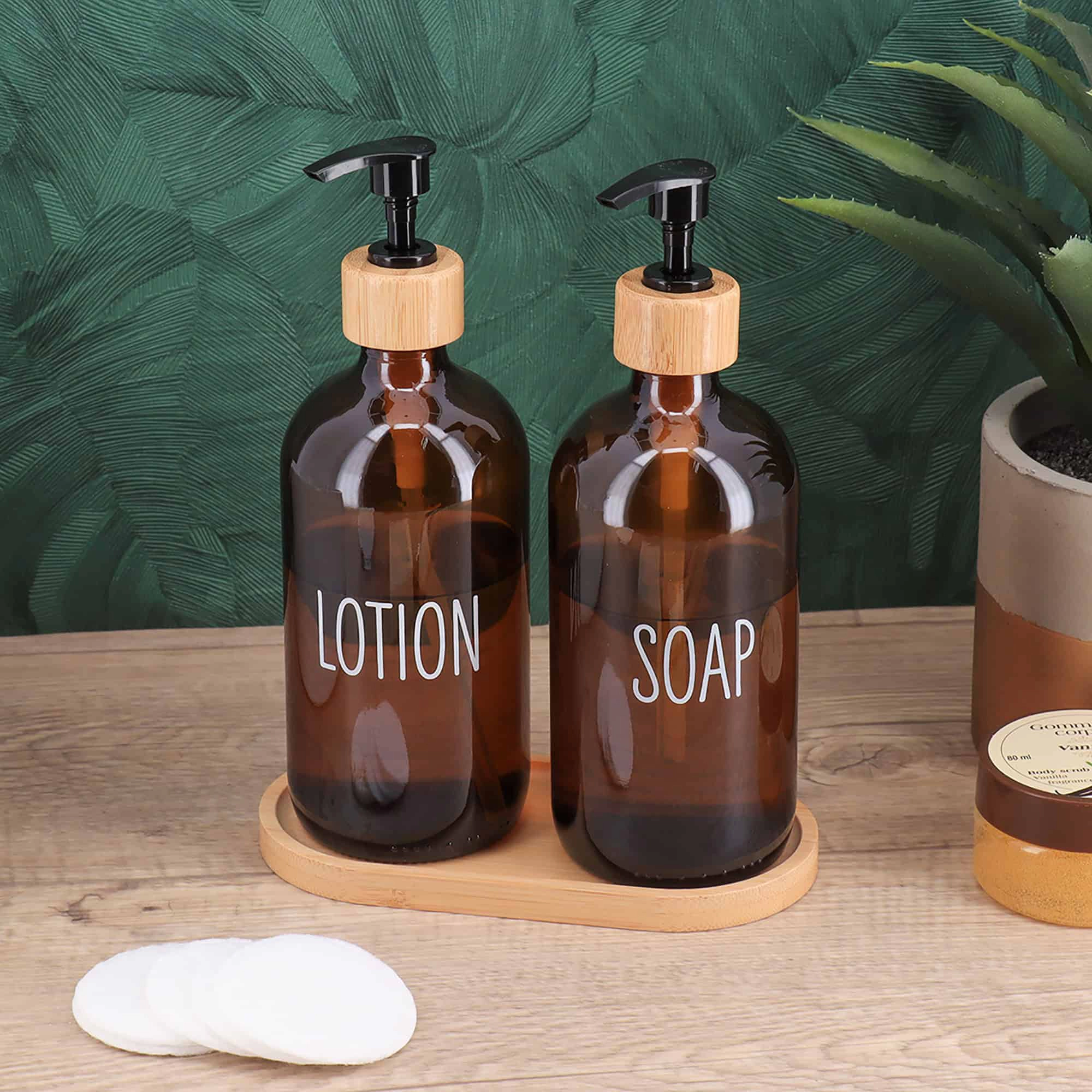 Evideco French Home Goods Amber Glass 17 oz Pump Bottle Set with Bamboo Tray