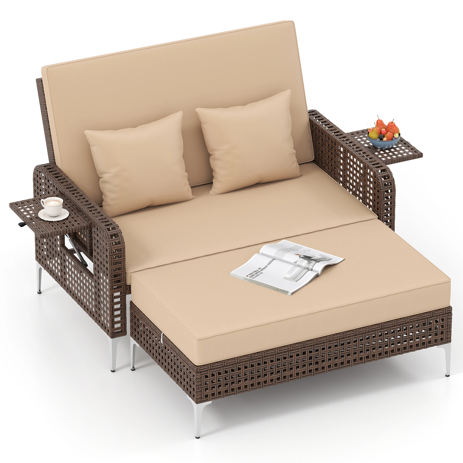SUGIFT 2-Piece Brown Wicker Patio Daybed with Adjustable Backrest, Storage Ottoman and 2 Trays